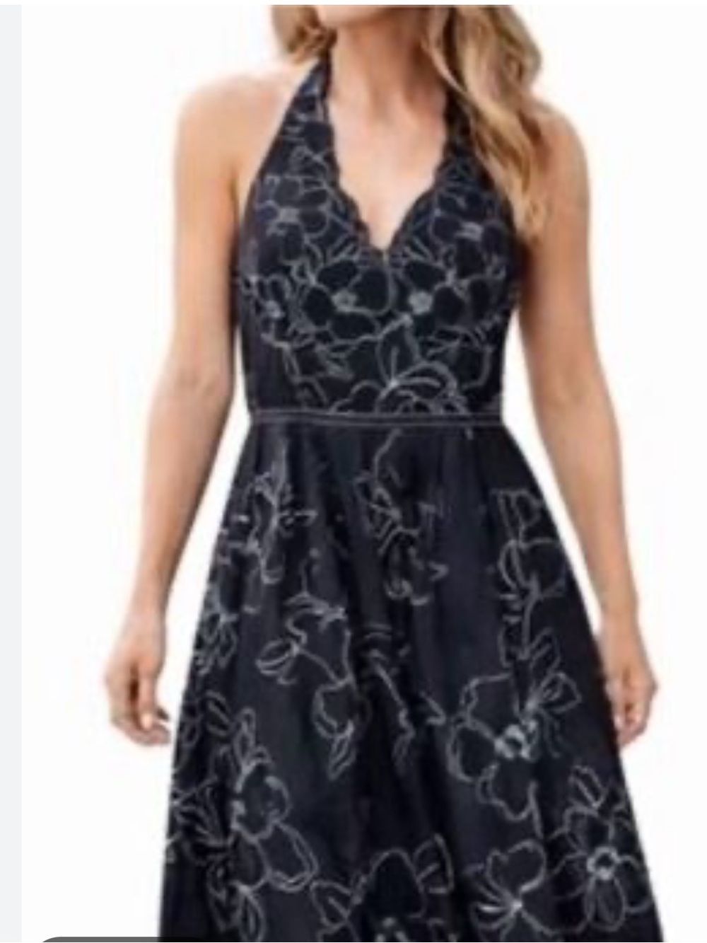 Ann Taylor 100% Linen Black Floral Embroidered Whimsigoth Halter Dress